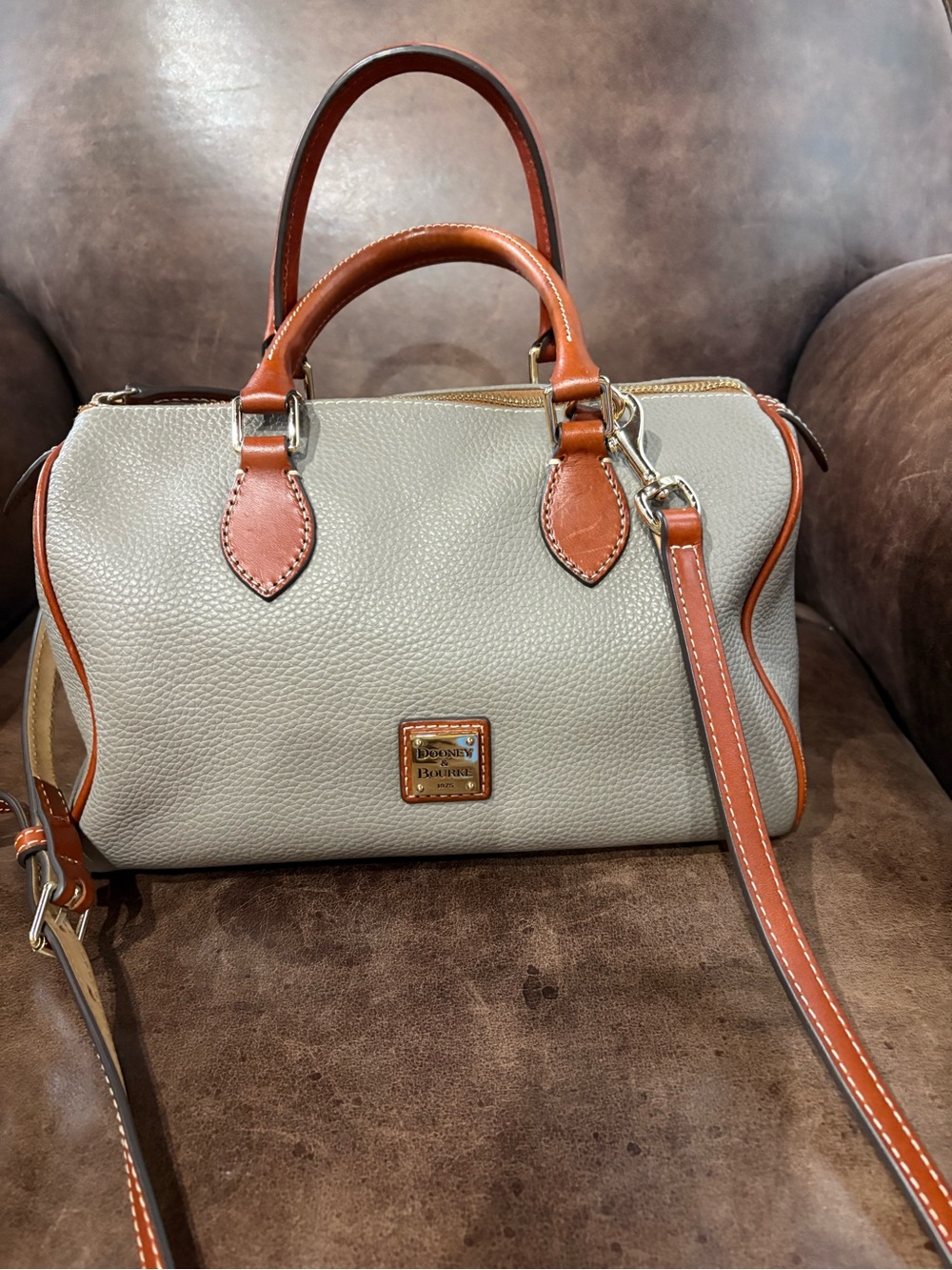 Dooney & Bourke Light Gray Pebble Leather Satchel with Brown Trim